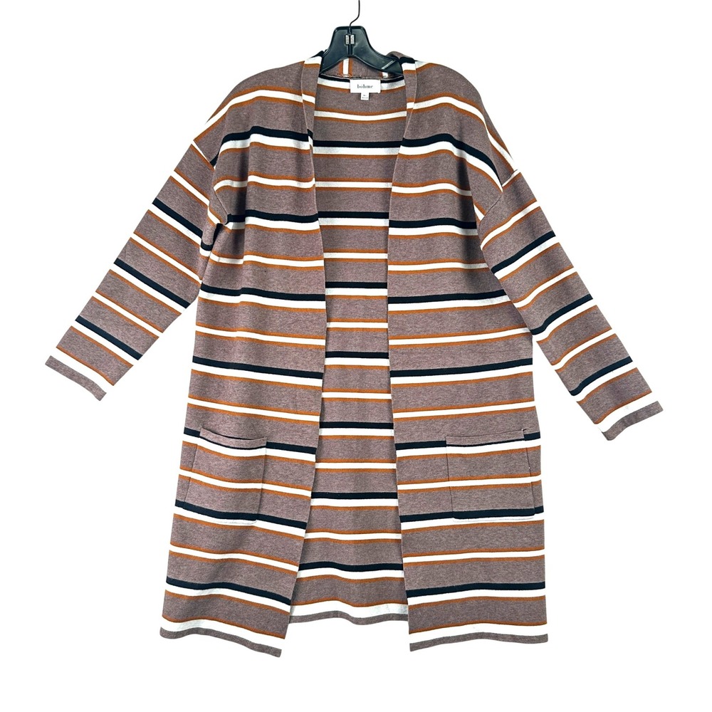 böhme Striped Longline Cardigan Women M/L Brown Earthy Boho Layering Sweater